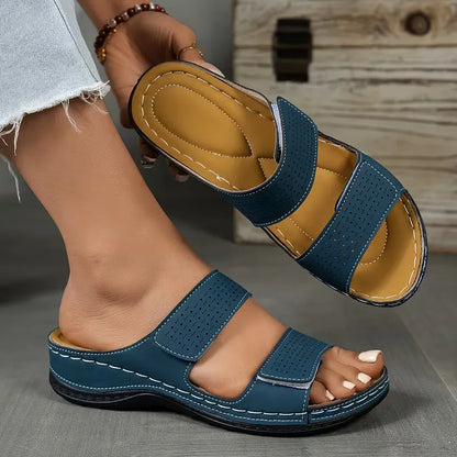 Amélie - Sandales Orthopédiques Femme Classiques à Double Bride Ajourée et Semelle Compensée