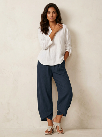 Anaïs - Pantalon en Lin Femme Décontracté avec Coupe Large et Taille Élastiquée