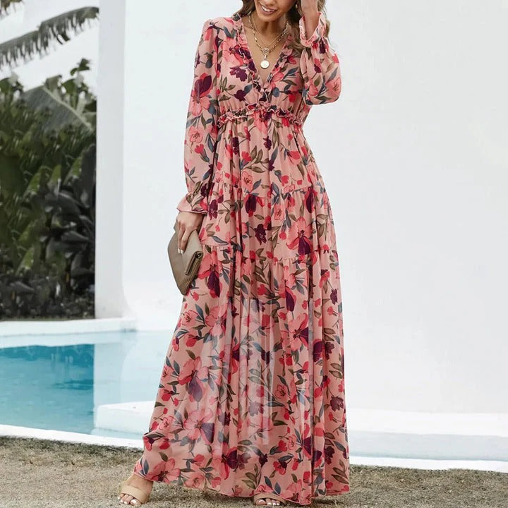 Anaïs - Robe Invitée Mariage Femme Bohème Longue Fleurie Col V et Manches Longues
