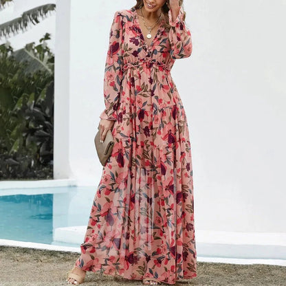 Anaïs - Robe Invitée Mariage Femme Bohème Longue Fleurie Col V et Manches Longues