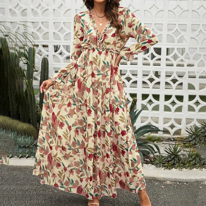Anaïs - Robe Invitée Mariage Femme Bohème Longue Fleurie Col V et Manches Longues