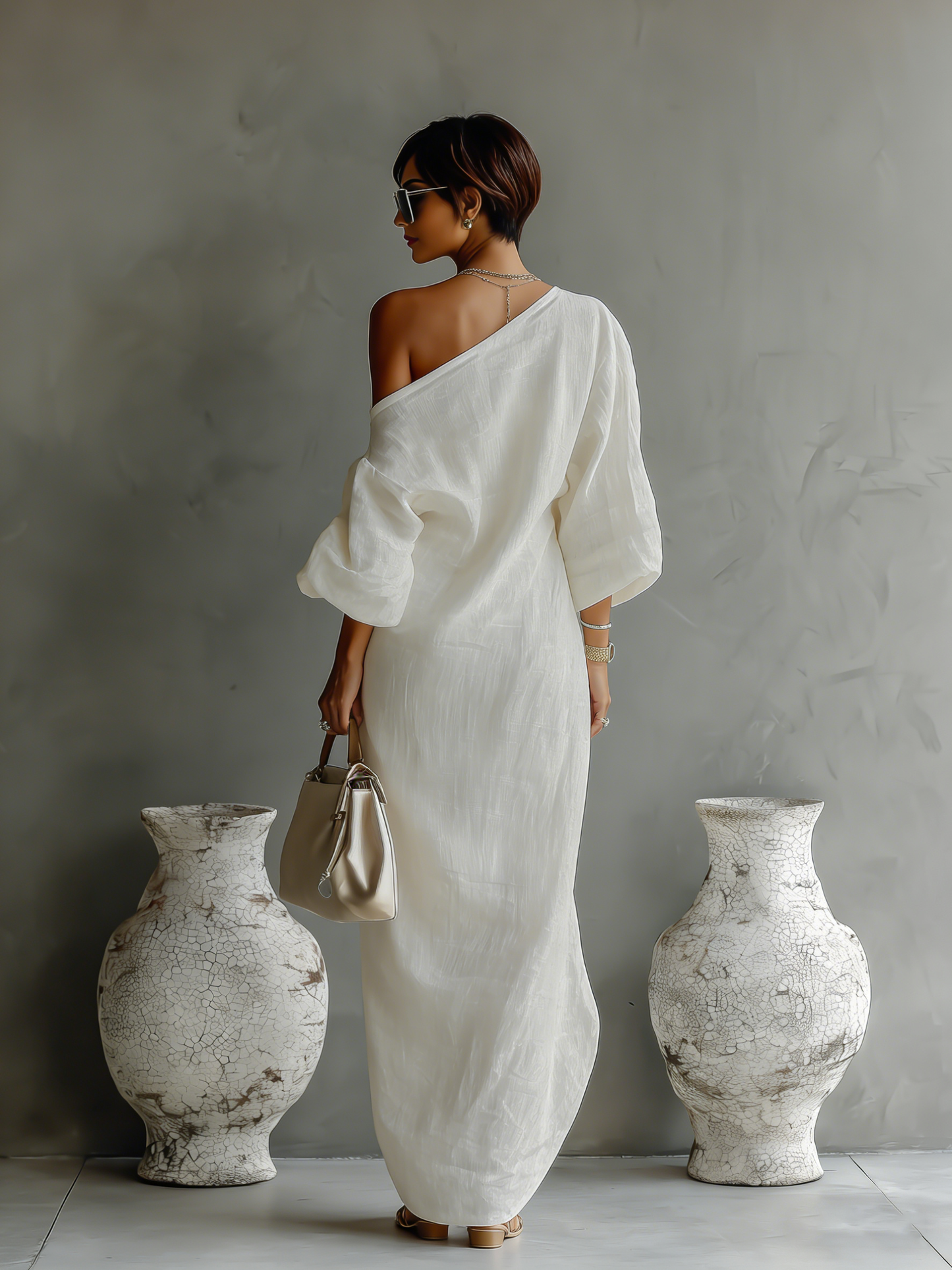 Anaïs - Robe Longue en Lin Femme Chic avec Épaule Dénudée et Manches Amples