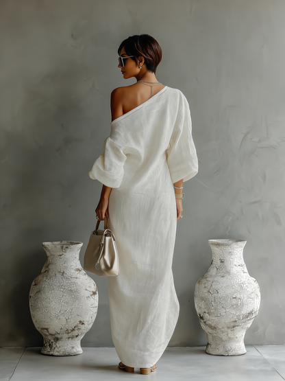 Anaïs - Robe Longue en Lin Femme Chic avec Épaule Dénudée et Manches Amples