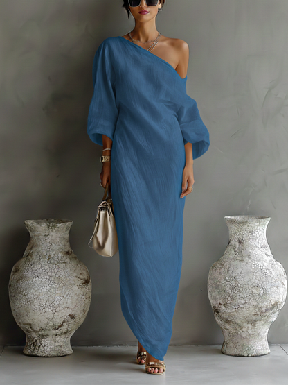 Anaïs - Robe Longue en Lin Femme Chic avec Épaule Dénudée et Manches Amples