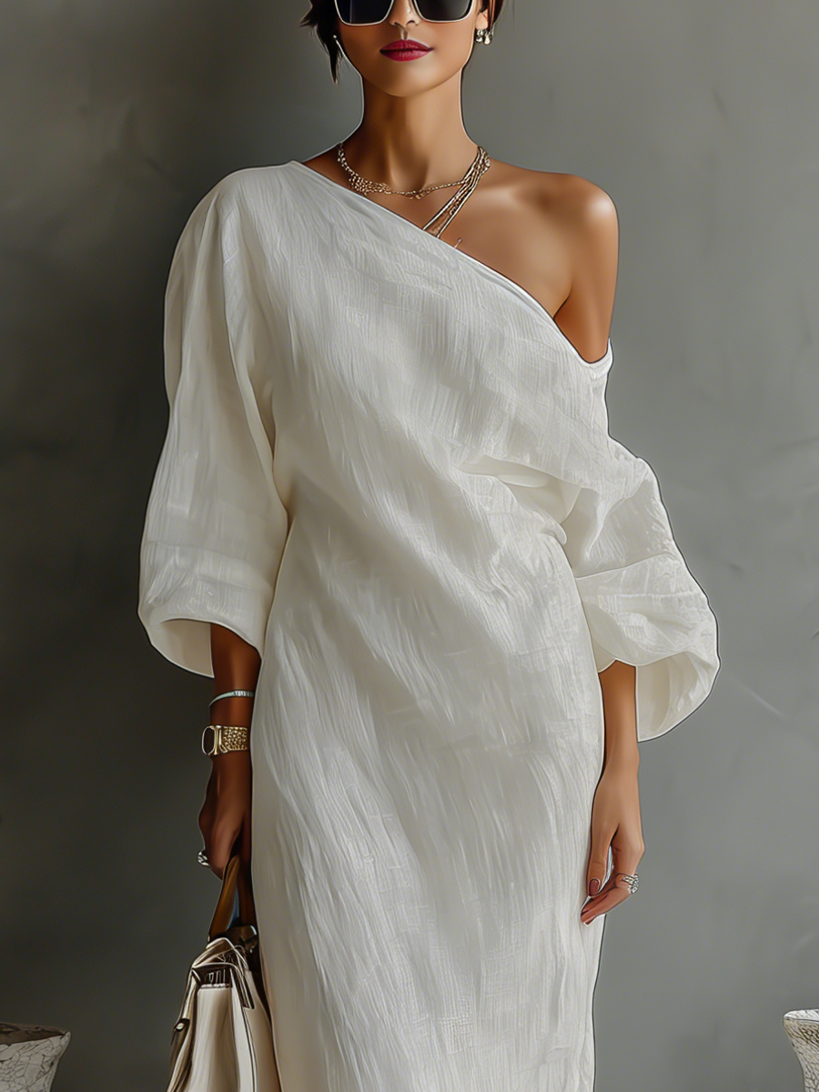 Anaïs - Robe Longue en Lin Femme Chic avec Épaule Dénudée et Manches Amples