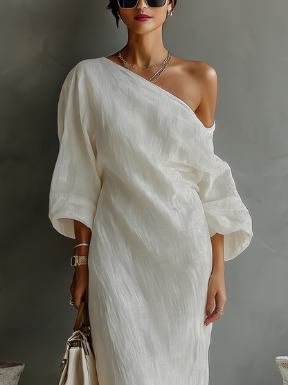 Anaïs - Robe Longue en Lin Femme Chic avec Épaule Dénudée et Manches Amples