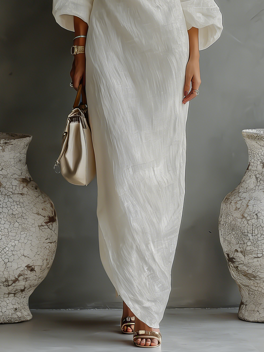 Anaïs - Robe Longue en Lin Femme Chic avec Épaule Dénudée et Manches Amples
