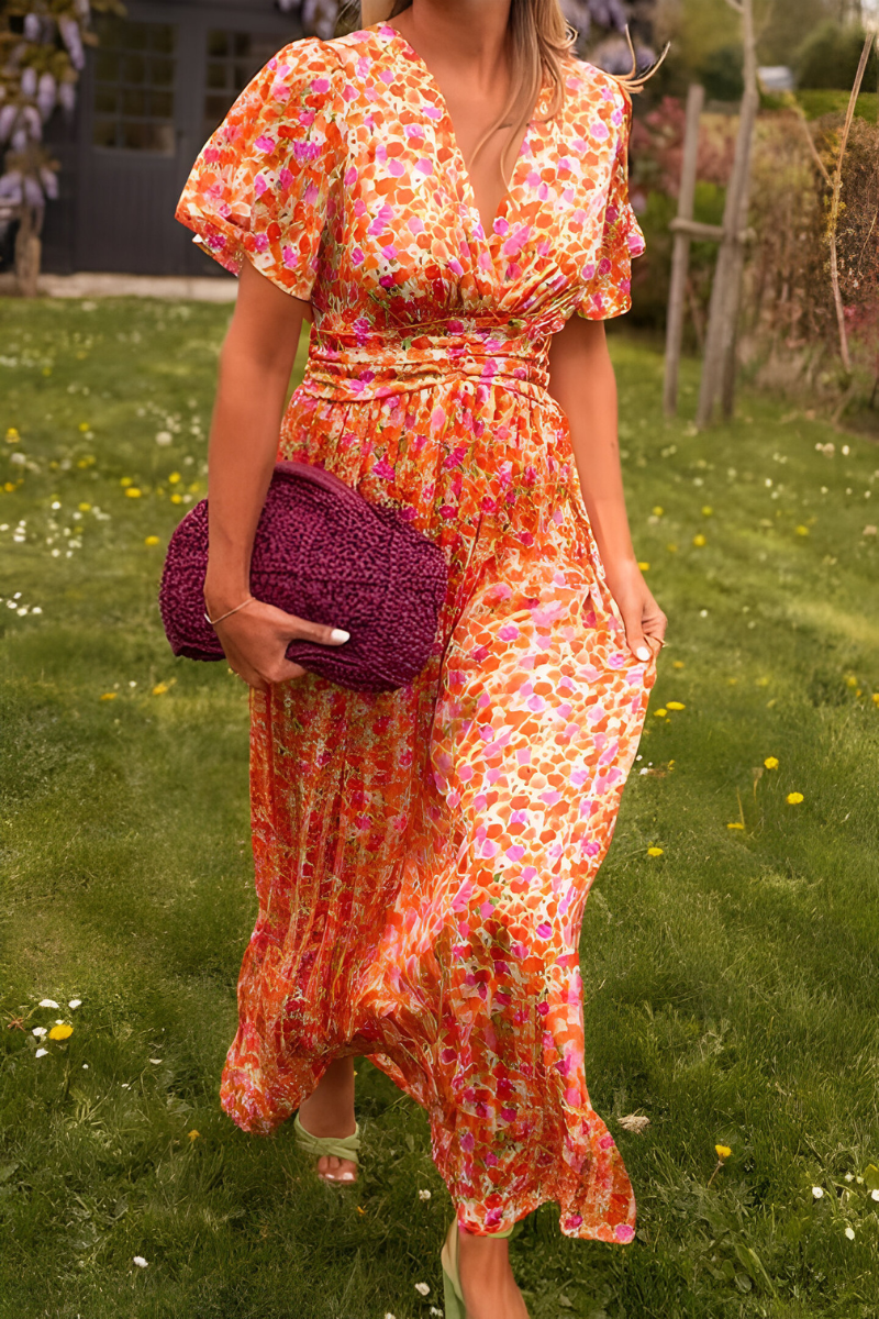 Anaïs - Robe Maxi d'Été Femme Fleurie Col V avec Ceinture et Manches Courtes Bohème