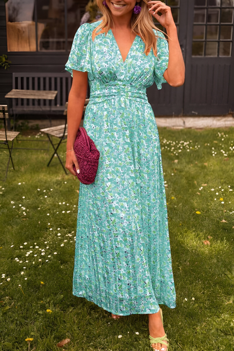 Anaïs - Robe Maxi d'Été Femme Fleurie Col V avec Ceinture et Manches Courtes Bohème