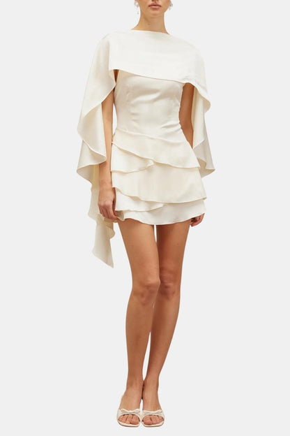 Anaïs - Robe de Soirée Courte Femme Glamour avec Cape Intégrée et Jupe à Volants