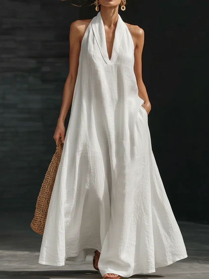 Aurélie - Robe Longue en Lin Femme Glamour avec Col Halter et Jupe Ample