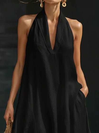 Aurélie - Robe Longue en Lin Femme Glamour avec Col Halter et Jupe Ample
