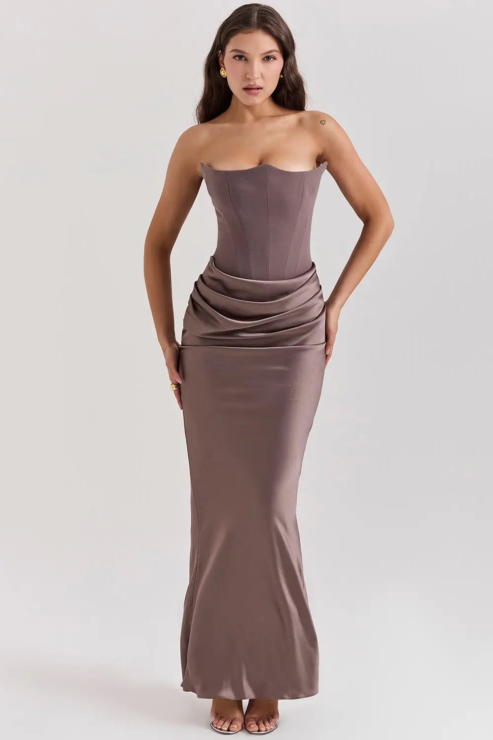 Aurélie - Robe Mariage Invitée Maxi Femme Élégante avec Bustier Corset et Jupe Drapée Sirène