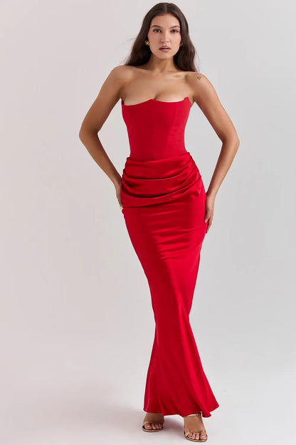Aurélie - Robe Mariage Invitée Maxi Femme Élégante avec Bustier Corset et Jupe Drapée Sirène