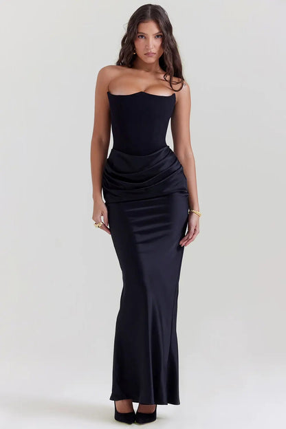 Aurélie - Robe Mariage Invitée Maxi Femme Élégante avec Bustier Corset et Jupe Drapée Sirène