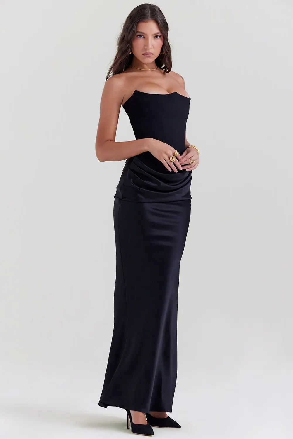 Aurélie - Robe Mariage Invitée Maxi Femme Élégante avec Bustier Corset et Jupe Drapée Sirène