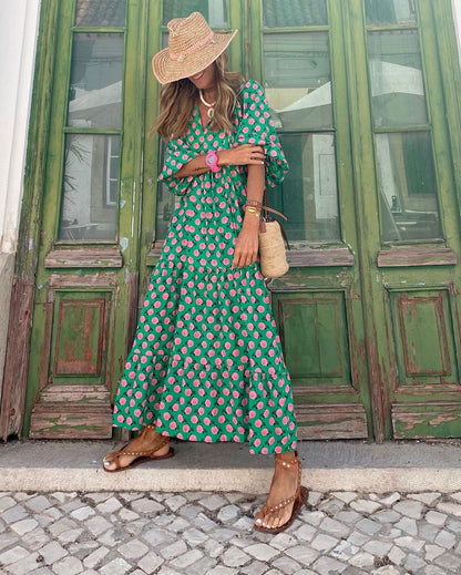 Béatrice - Robe Maxi d'Été Femme à Imprimé Graphique Col V Ample avec Manches Courtes Bohème