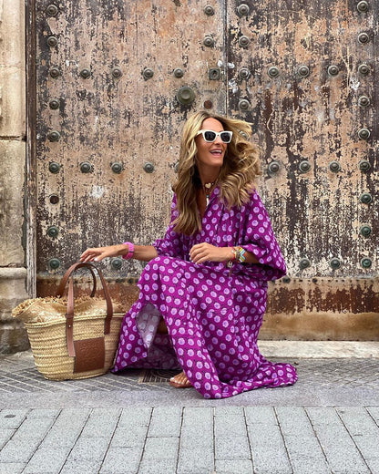 Béatrice - Robe Maxi d'Été Femme à Imprimé Graphique Col V Ample avec Manches Courtes Bohème