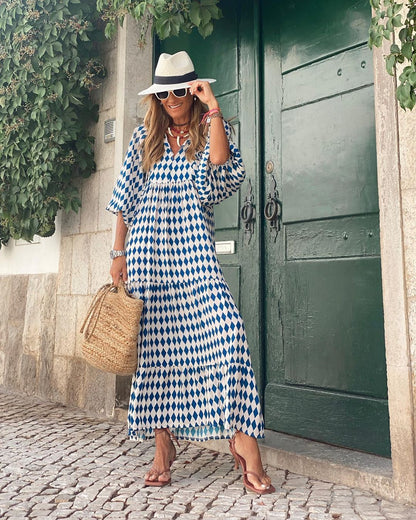 Béatrice - Robe Maxi d'Été Femme à Imprimé Graphique Col V Ample avec Manches Courtes Bohème