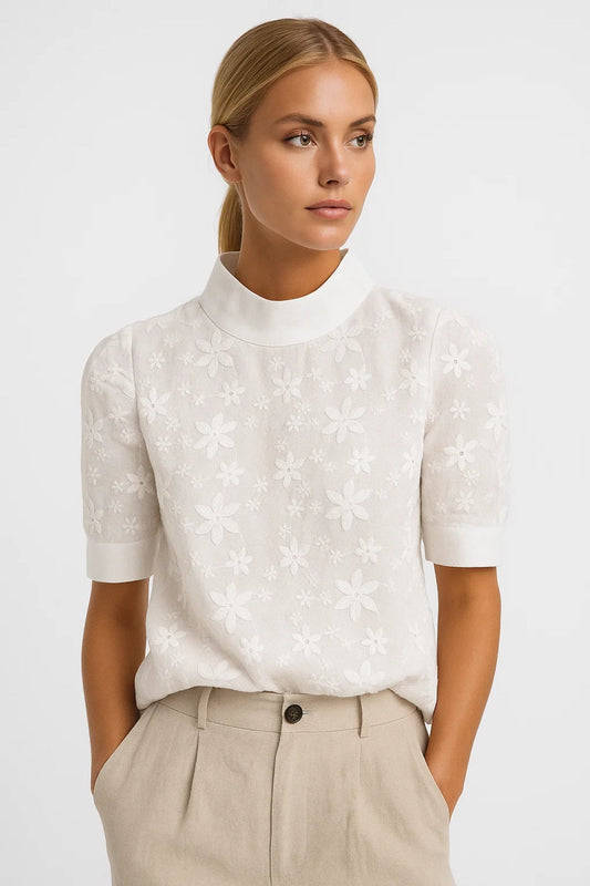 Top Femme - Col Montant Manches Courtes Motif Floral | Chic