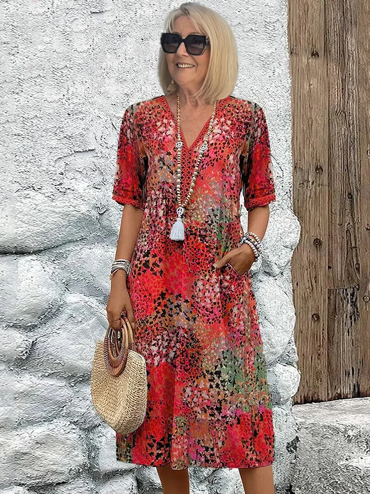 Brigitte - Robe Mariage Invitée Midi Femme Bohème Fleurie avec Col V et Manches Courtes