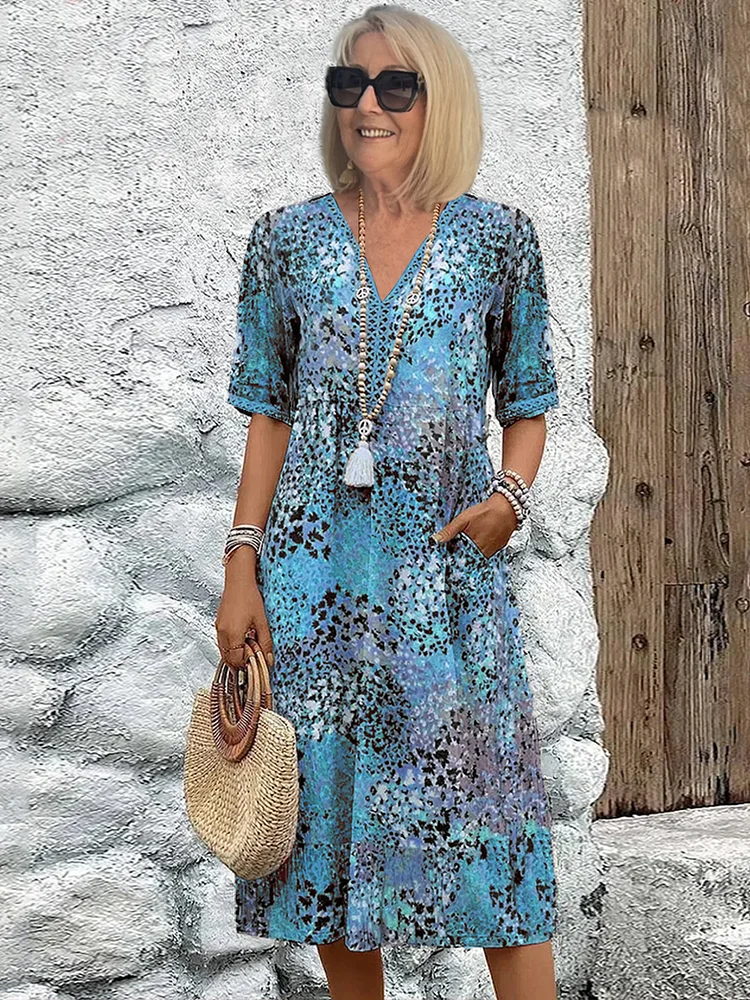 Brigitte - Robe Mariage Invitée Midi Femme Bohème Fleurie avec Col V et Manches Courtes