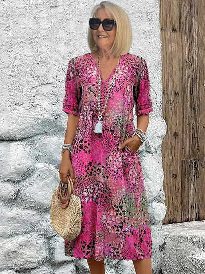 Brigitte - Robe Mariage Invitée Midi Femme Bohème Fleurie avec Col V et Manches Courtes
