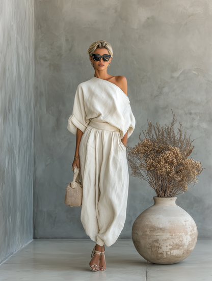 Céline - Ensemble 2 Pièces en Lin Femme Oversize avec Épaule Dénudée