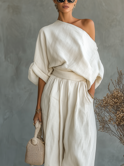 Céline - Ensemble 2 Pièces en Lin Femme Oversize avec Épaule Dénudée