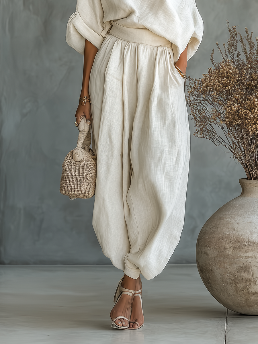Céline - Ensemble 2 Pièces en Lin Femme Oversize avec Épaule Dénudée