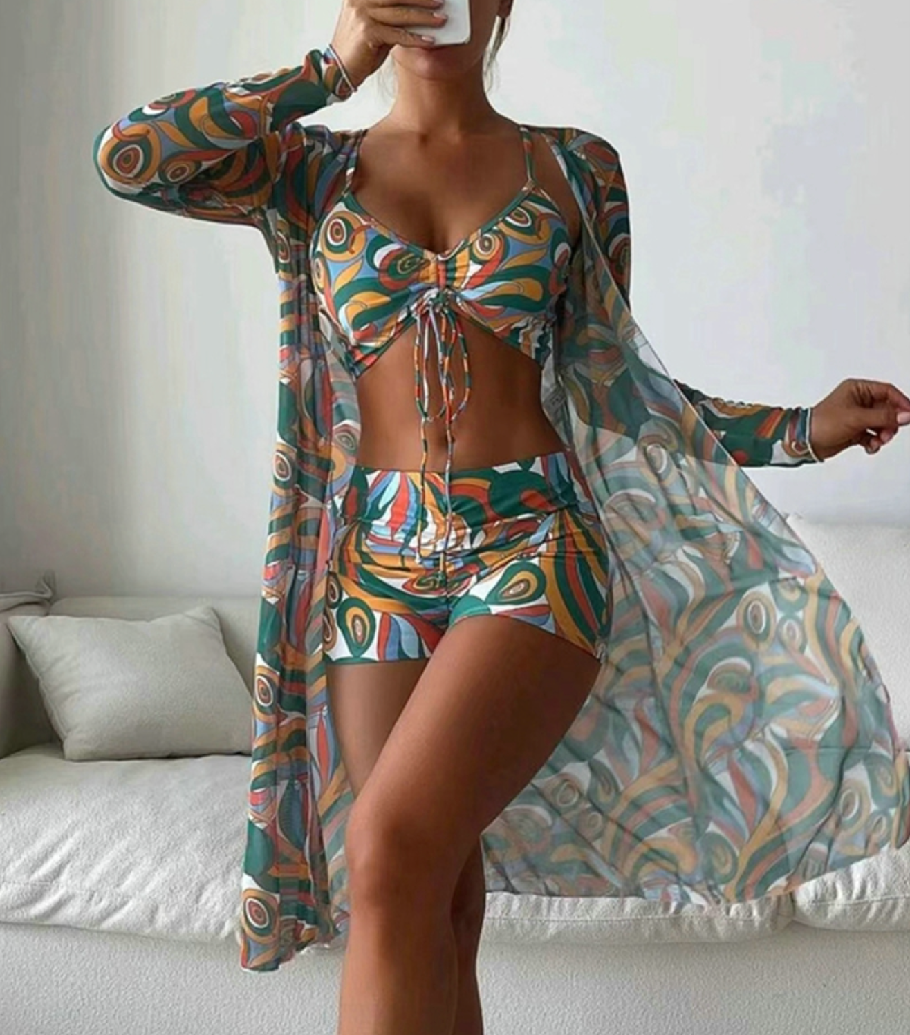 Céline - Ensemble Maillot de Bain Femme Trois Pièces Bohème avec Kimono et Short Imprimé