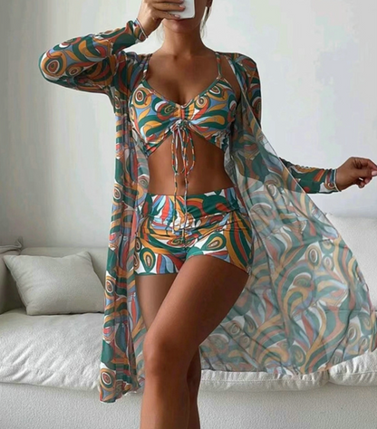 Céline - Ensemble Maillot de Bain Femme Trois Pièces Bohème avec Kimono et Short Imprimé