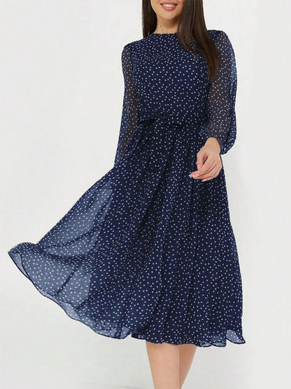 Céline - Robe Invitée Mariage Femme Romantique à Pois avec Manches Longues et Ceinture