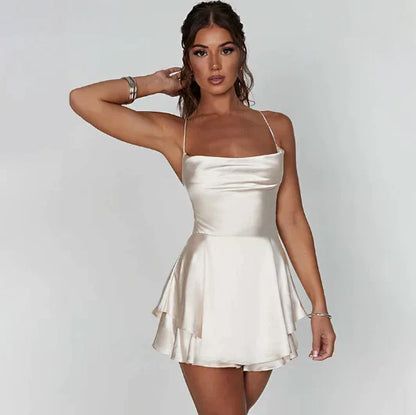 Céline - Robe Mariage Invitée Mini Femme avec Encolure Drapée et Jupe Évasée à Volants