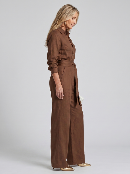 Camille - Combinaison Large en Lin Femme Chic avec Ceinture Nouée et Poches