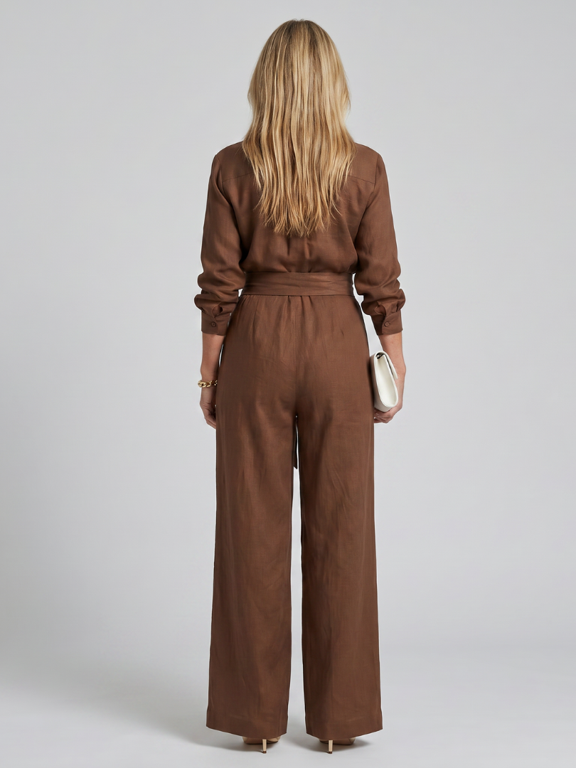 Camille - Combinaison Large en Lin Femme Chic avec Ceinture Nouée et Poches