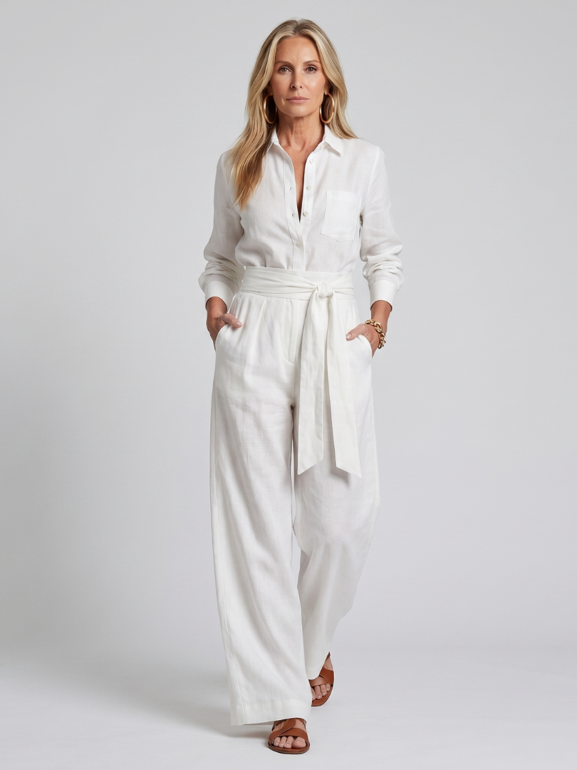 Camille - Combinaison Large en Lin Femme Chic avec Ceinture Nouée et Poches