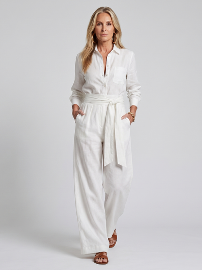 Camille - Combinaison Large en Lin Femme Chic avec Ceinture Nouée et Poches