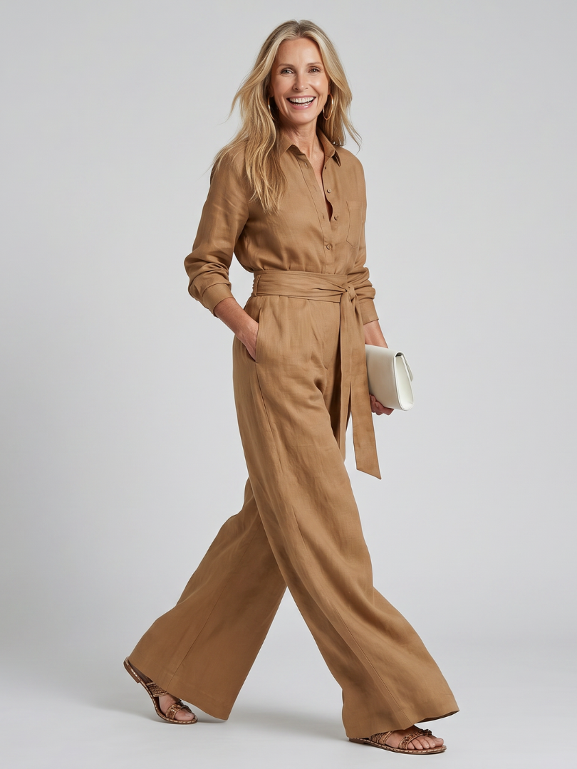 Camille - Combinaison Large en Lin Femme Chic avec Ceinture Nouée et Poches