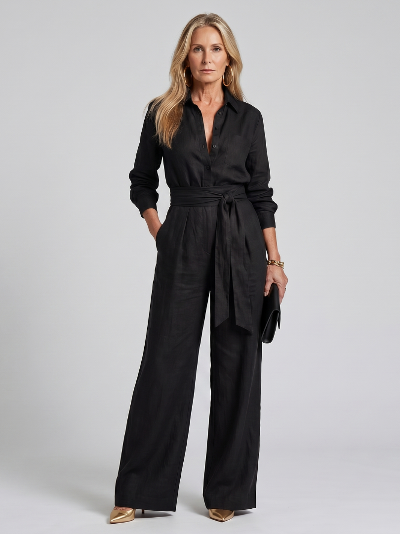 Camille - Combinaison Large en Lin Femme Chic avec Ceinture Nouée et Poches
