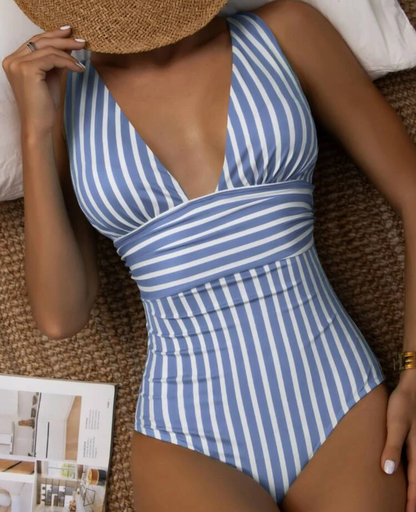 Camille - Maillot de Bain Une Pièce Femme Élégant à Rayures avec Col V Plongeant