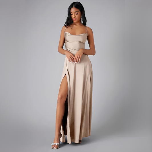 Camille - Robe Mariage Invitée Maxi Femme Élégante avec Bretelles Fines et Fente Latérale