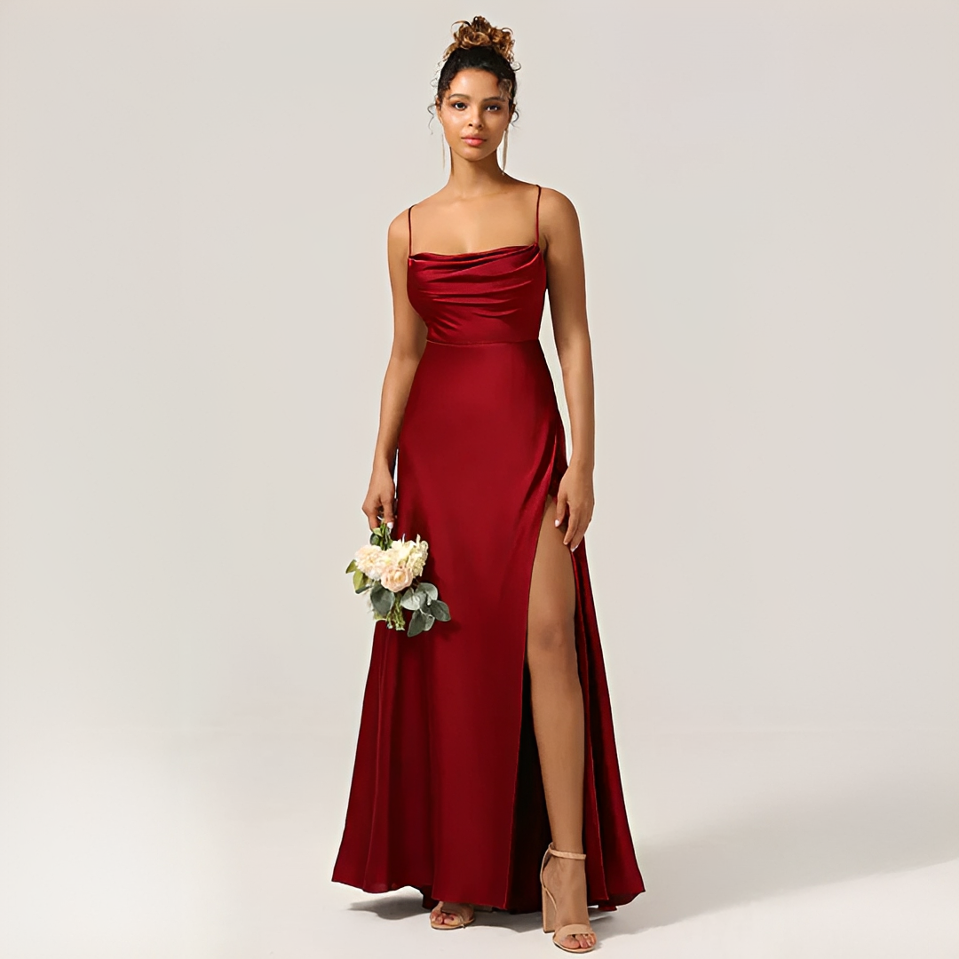 Camille - Robe Mariage Invitée Maxi Femme Élégante avec Bretelles Fines et Fente Latérale