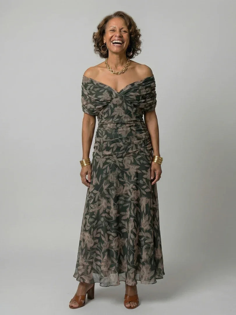 Camille - Robe Maxi d'Été Femme Bohème avec Encolure Bardot et Taille Drapée