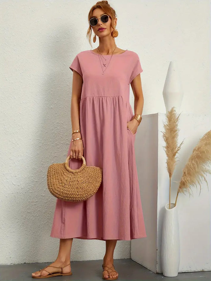 Camille - Robe d'Été Bohème Femme à Manches Courtes avec Poches et Col Rond