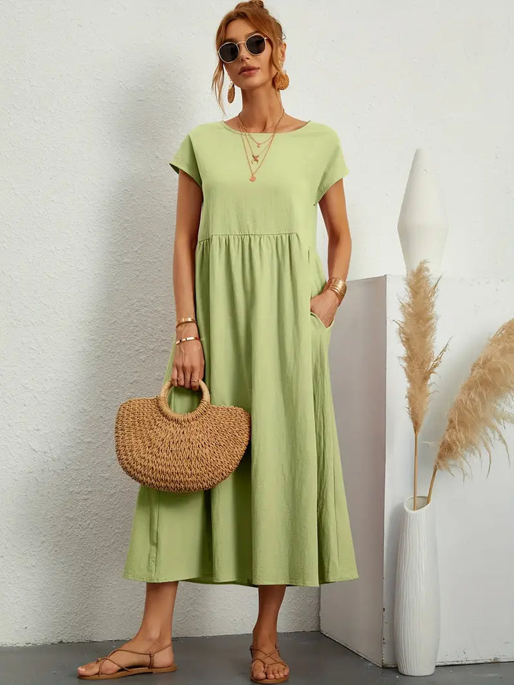 Camille - Robe d'Été Bohème Femme à Manches Courtes avec Poches et Col Rond