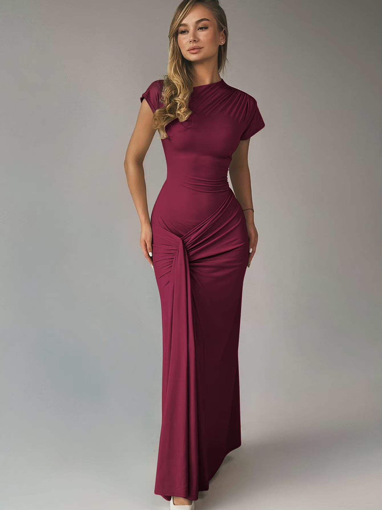 Camille - Robe de Soirée Longue Femme Élégante Moulante avec Col Montant et Drapé Latéral