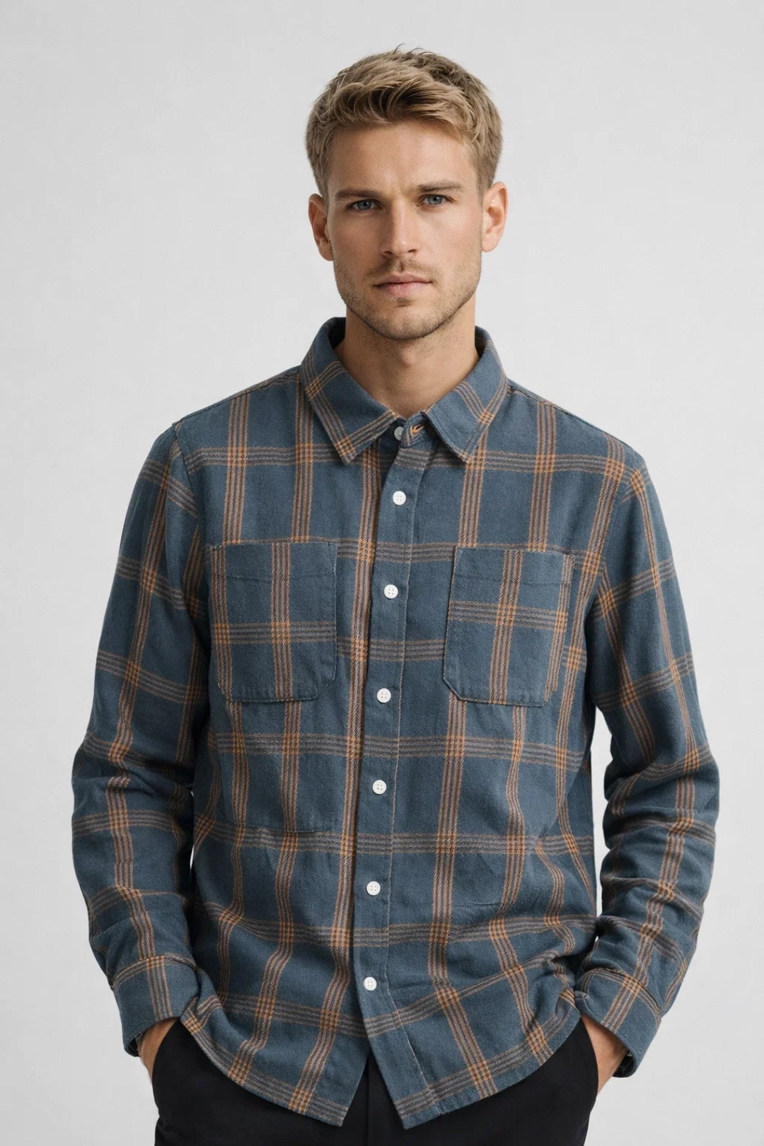 Chemise Homme - Manches Longues Carreaux Deux Poches Poitrine | Casual