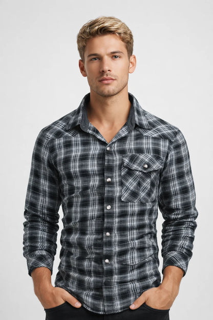 Chemise Homme - Manches Longues Carreaux Poche Poitrine | Casual