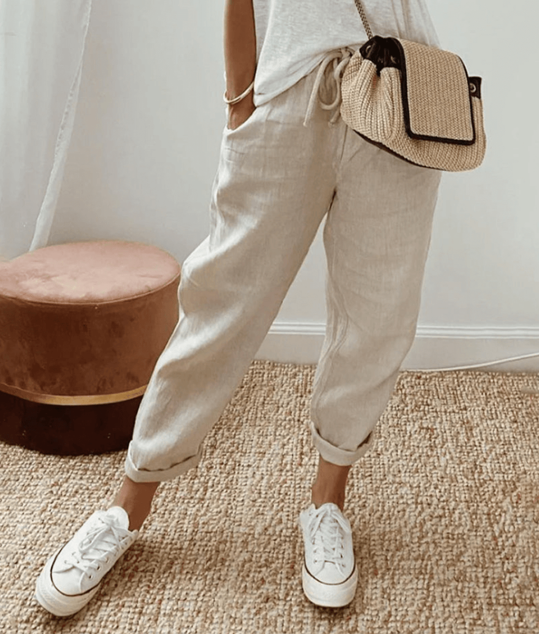 Chloé - Pantalon en Lin Femme Casual avec Bas Élastiqué et Coupe Fuselée